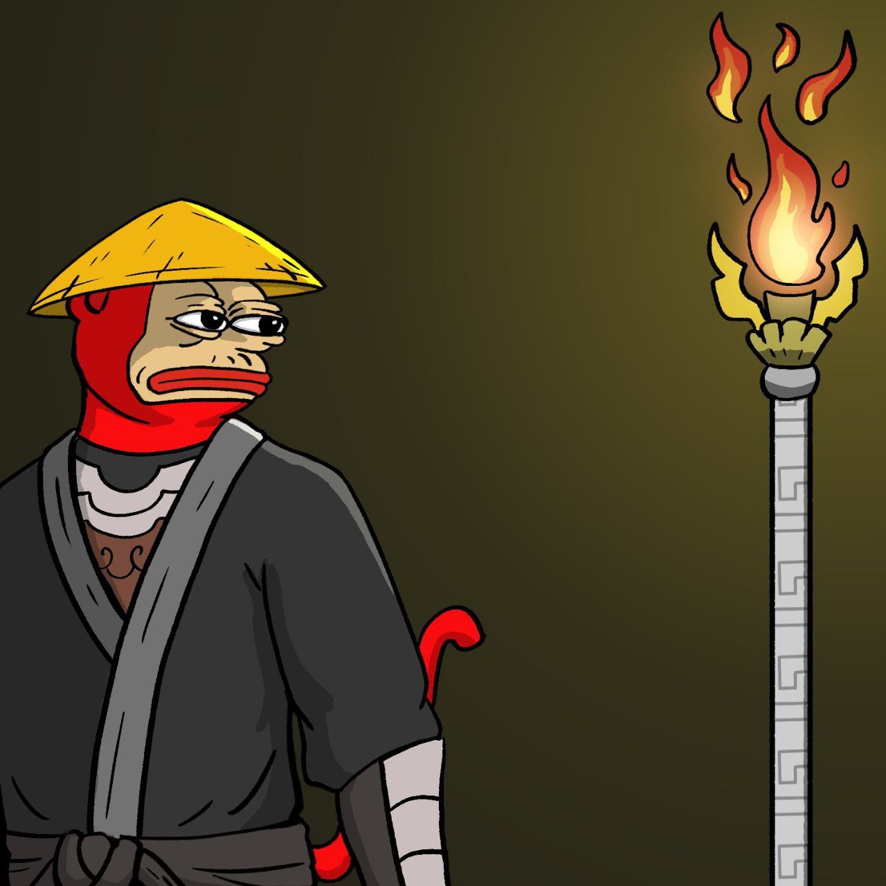 Ponkei as a wandering monk beside a flaming torch