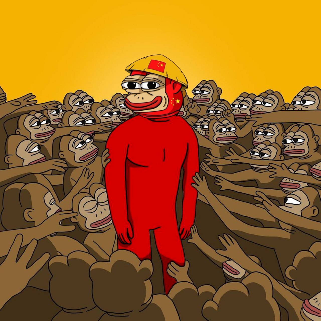 Red Ponkei carried above a cheering crowd of apes